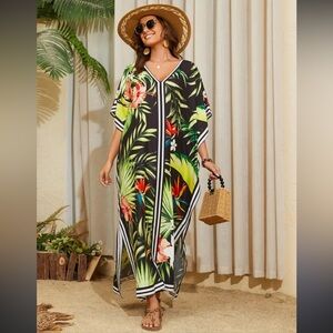FREE SIZE Tropical Floral Women's SILKY Maxi Dress Swim Cover-Up
